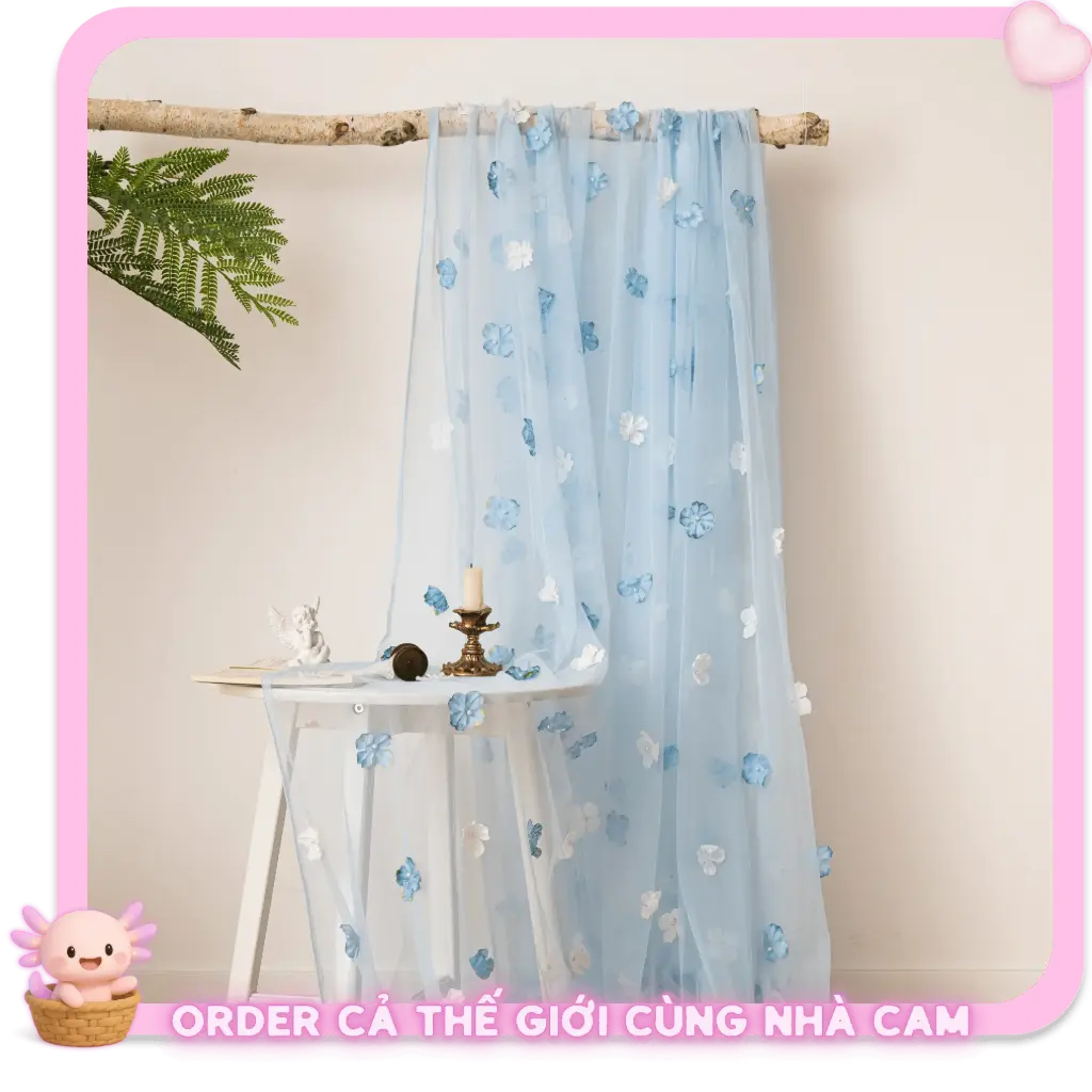 Rèm Voan Hoa 3D Xanh Pastel, Vải Voan Treo Cửa Sổ Decor Phòng Ngủ Theo Yêu Cầu, Tạp Quá Nhà Cam