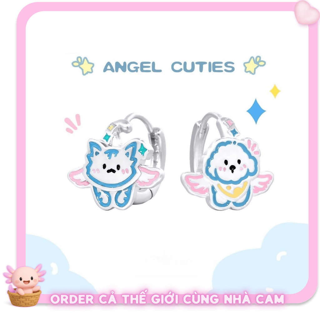 Bông Tai Nữ Angel Cuties Dáng Khoen Tròn - Khuyên Tai Mạ Bạc Hình Mèo Chó Thiên Thần Dễ Thương, Quà Tặng Nhỏ Xinh, Tạp Quá Nhà Cam