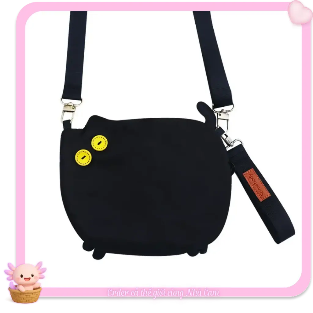 Túi Vải Đeo Chéo Mini Hình Mèo Đen Cá Tính, Hàng Designer Độc Lạ Ulzzang, Tạp Quá Nhà Cam
