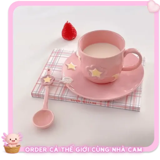 Bộ Ly Cốc Sứ Màu Hồng Ngôi Sao Dễ Thương,Tạp Quá Nhà Cam