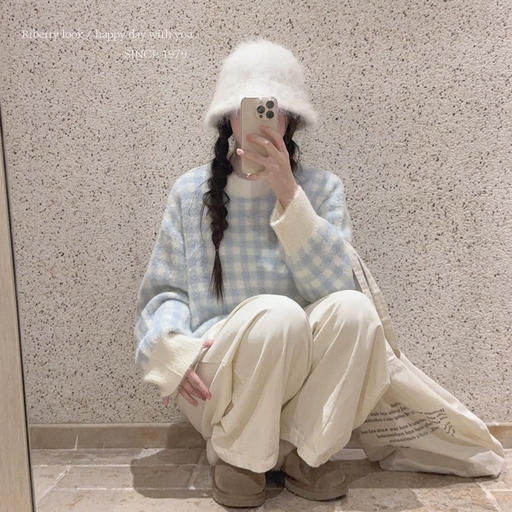Áo Len Caro Gingham Xanh Baby – Form Rộng Ulzzang Hàn Quốc | Nhà Cam