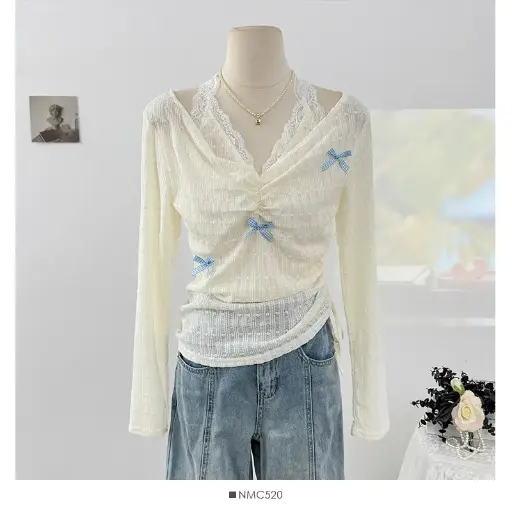 Fairy Bow Knit – Áo Rút Nhún Cổ Tim Phối Nơ Siêu Yêu